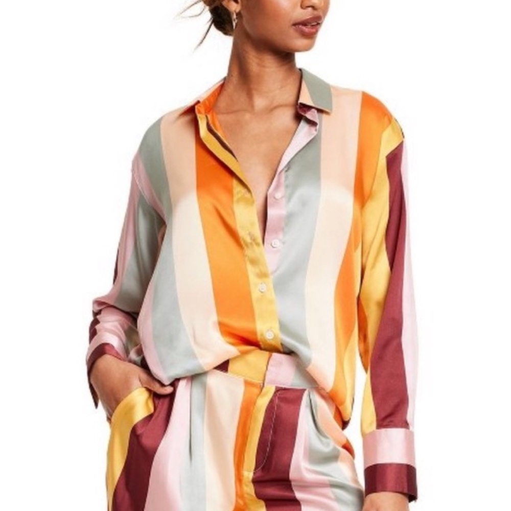 Fe Noel Vertical Stripe Print Long Sleeve Button Down Shirt Size Medium NWT
